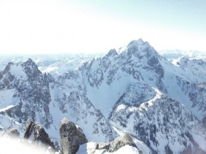 From the summit: 3 mountains on my bucket list: Argonaught, Sherpa with its crazy flying rock - the left of its double summit, and Stuart.